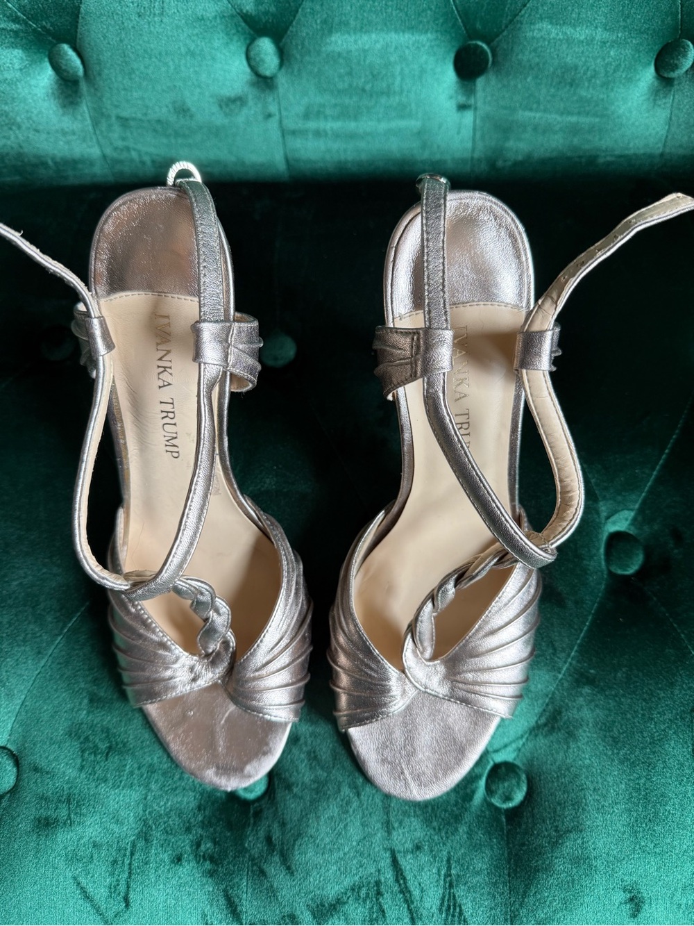 Ivanka Trump Metallic Leather Braided T-Strap Heels Sandals Size 9.5